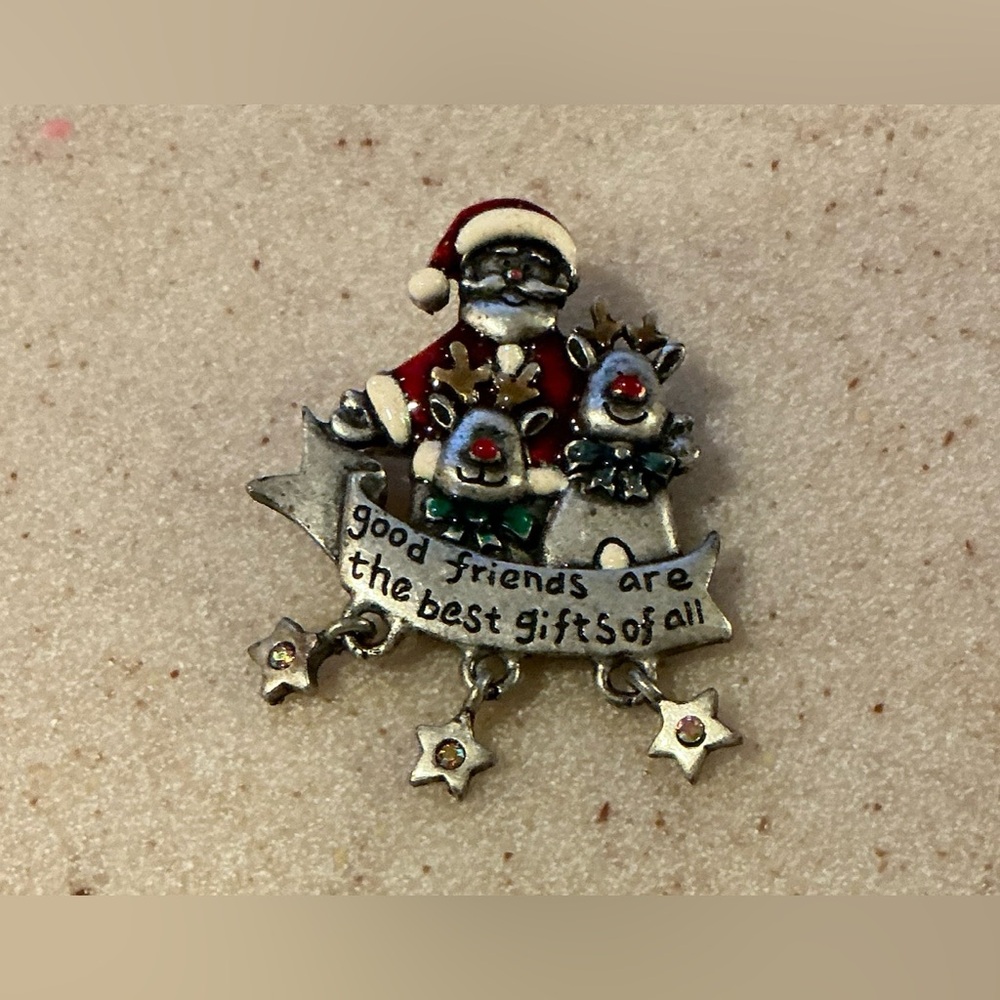 Festive Santa and Reindeer Brooch - Silver and Red